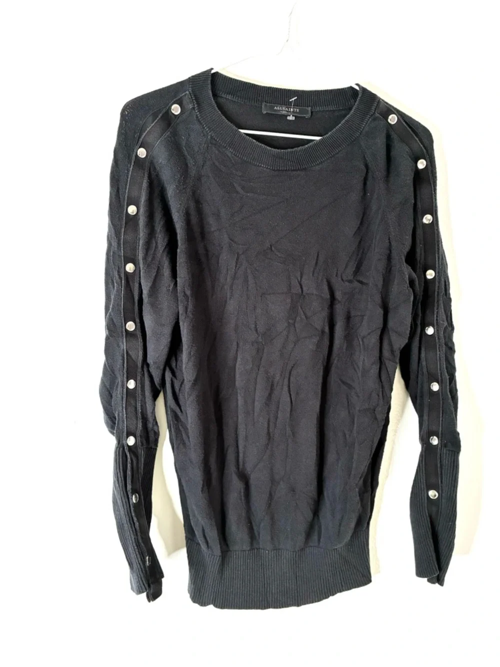 All Saints Suzie Jumper Black Relaxed Fit Crew Neck Press Stud Sweater - Picture 3 of 10